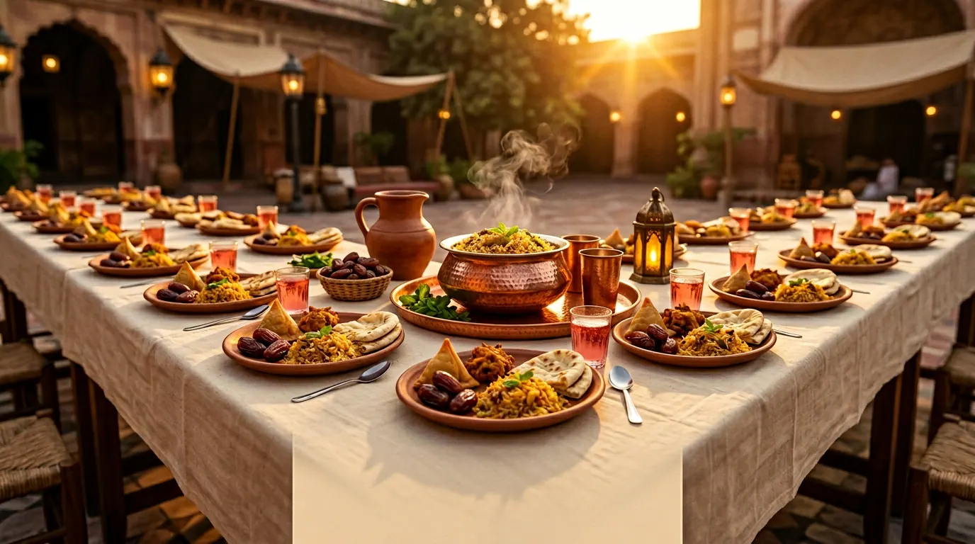 A chef stirring a large copper biryani daig over an open flame